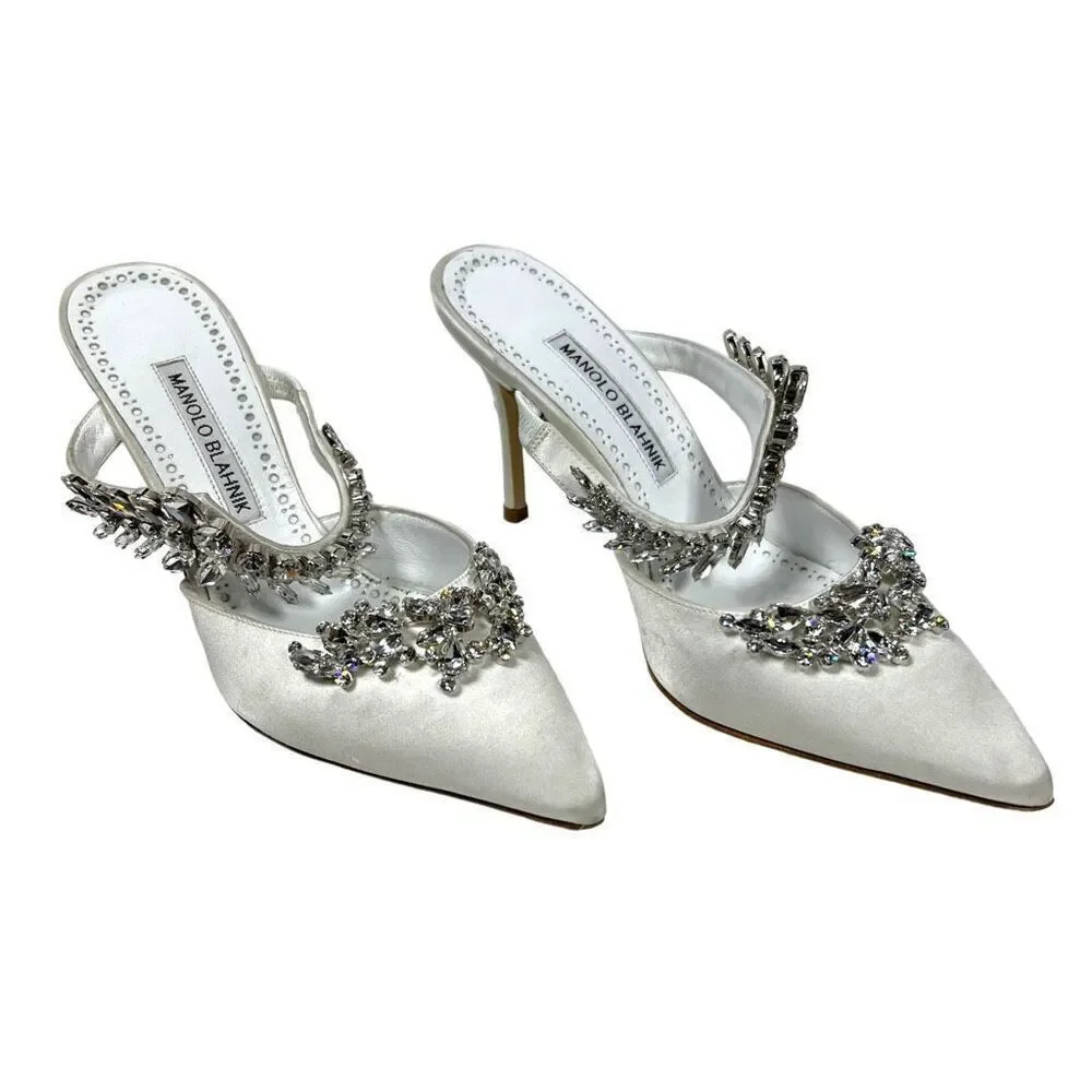 Manolo‎ Blahnik Lurum 90 Crystal-embellished White Satin Mules Heels Size 6.5
